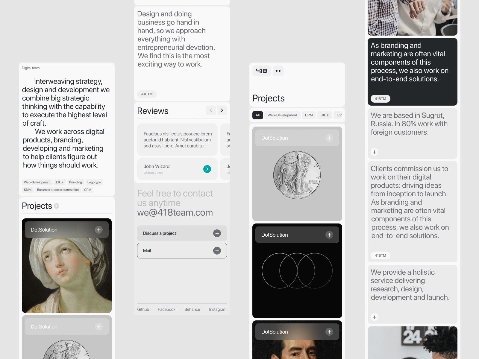 A minimalist portfolio or agency website layout featuring a clean, modular grid system with mixed typography and imagery. The design employs a sophisticated grayscale palette with strategic use of accent colors, presenting a contemporary and professional aesthetic that balances whitespace with content density.