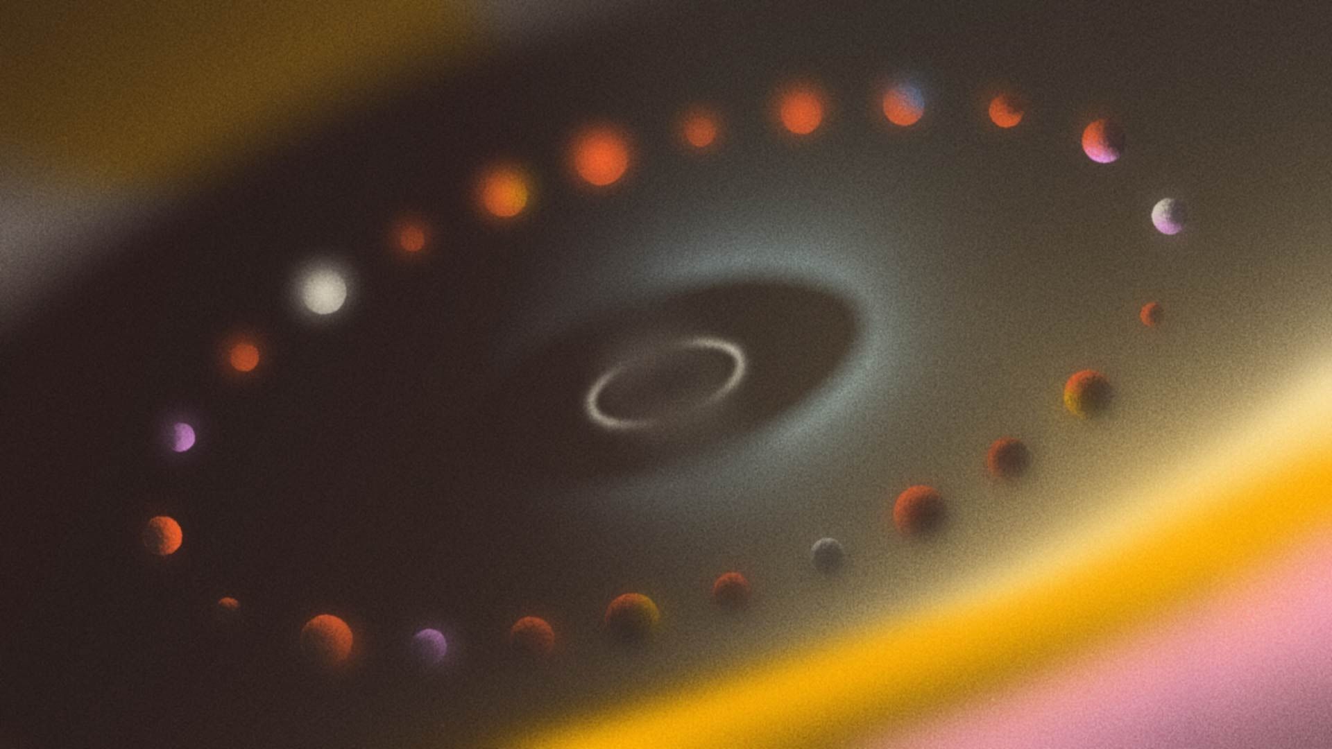 This image presents an abstract, cosmic or futuristic visual characterized by soft gradients and glowing circular elements against a dark background. The design evokes a sense of depth, motion, and ethereal light.