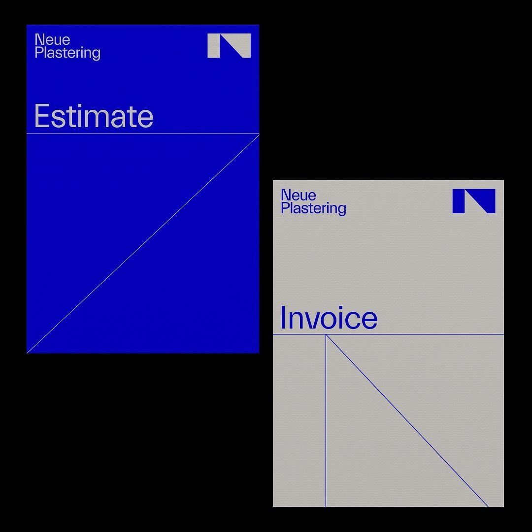 A minimalist corporate document design system featuring two templates (Estimate and Invoice) for Neue Plastering. The design employs bold geometric elements, a striking blue and neutral gray color scheme, and clean typography to create a professional, modern brand identity.