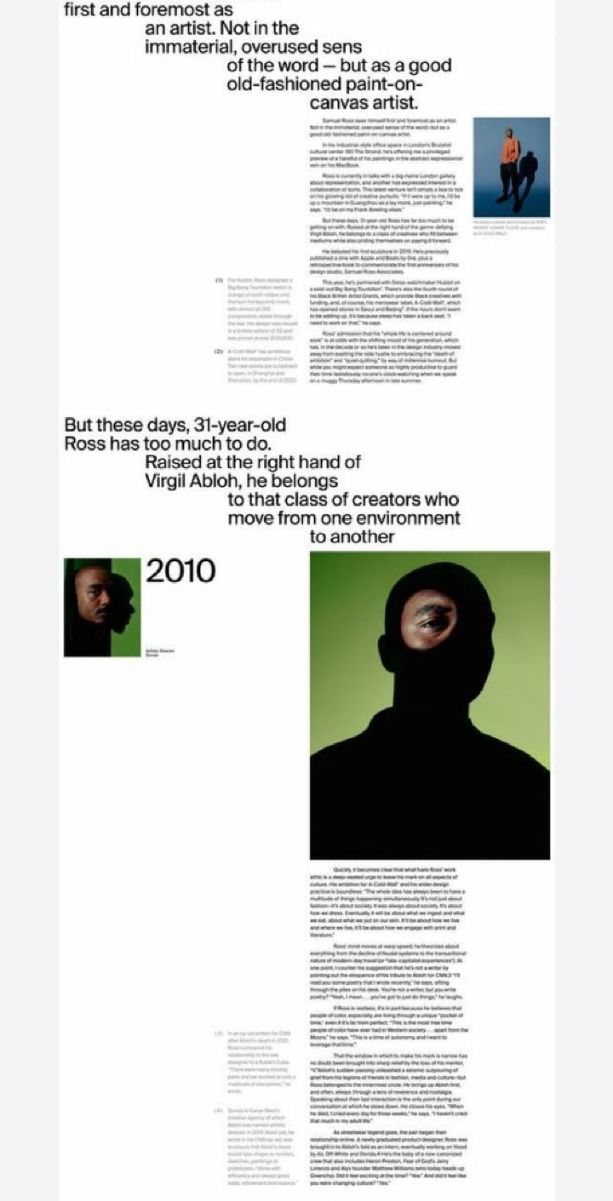 The image presents a stark, text-heavy layout typical of an academic or artistic portfolio, utilizing ample white space to emphasize dense blocks of prose. The design feels serious, intellectual, and minimalist, relying on typography and negative space to structure the information.