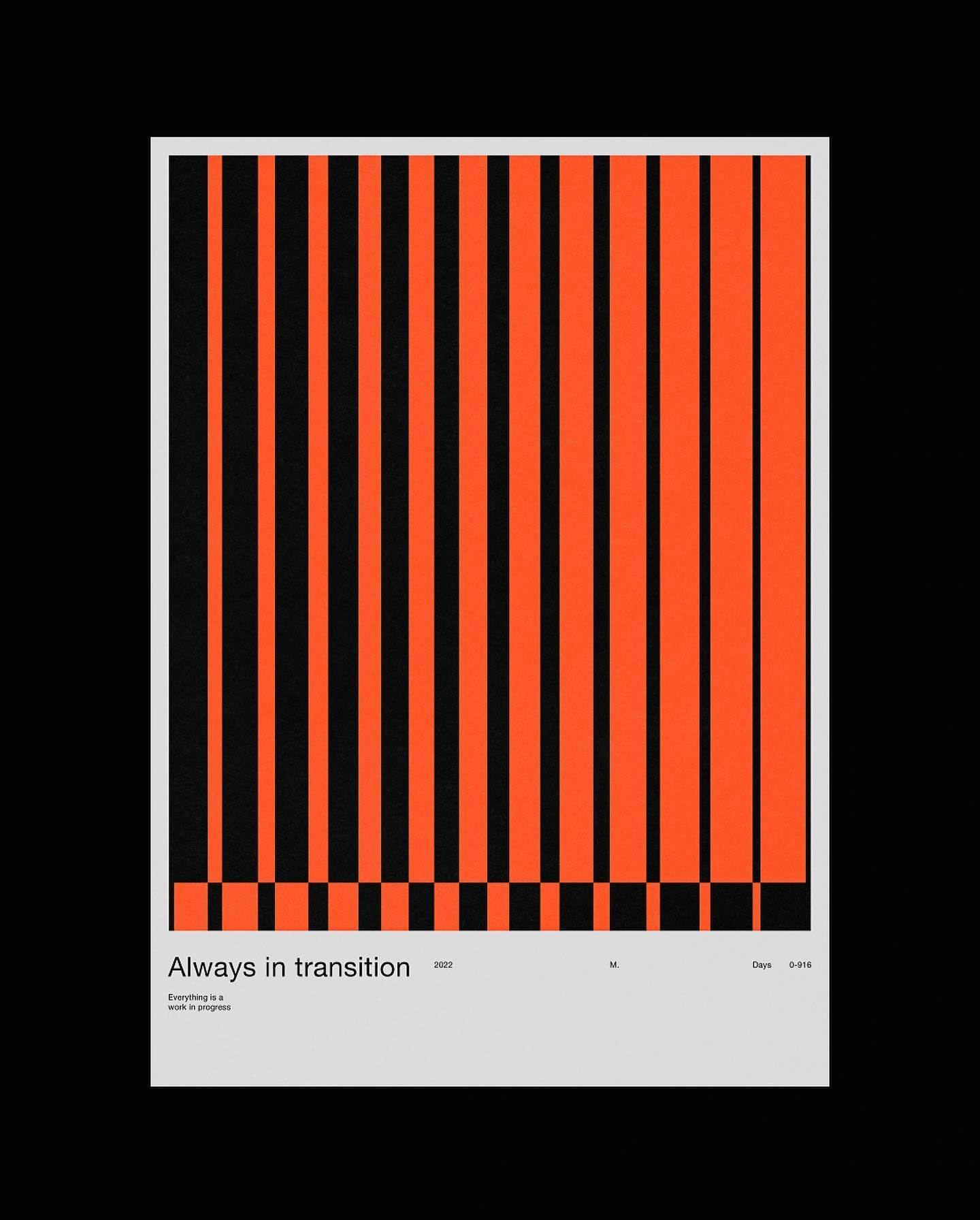 This is a stark, high-contrast graphic design featuring vertical stripes of black and bright orange. The composition is minimalist and rhythmic, relying heavily on the juxtaposition of these two strong colors to create visual energy.