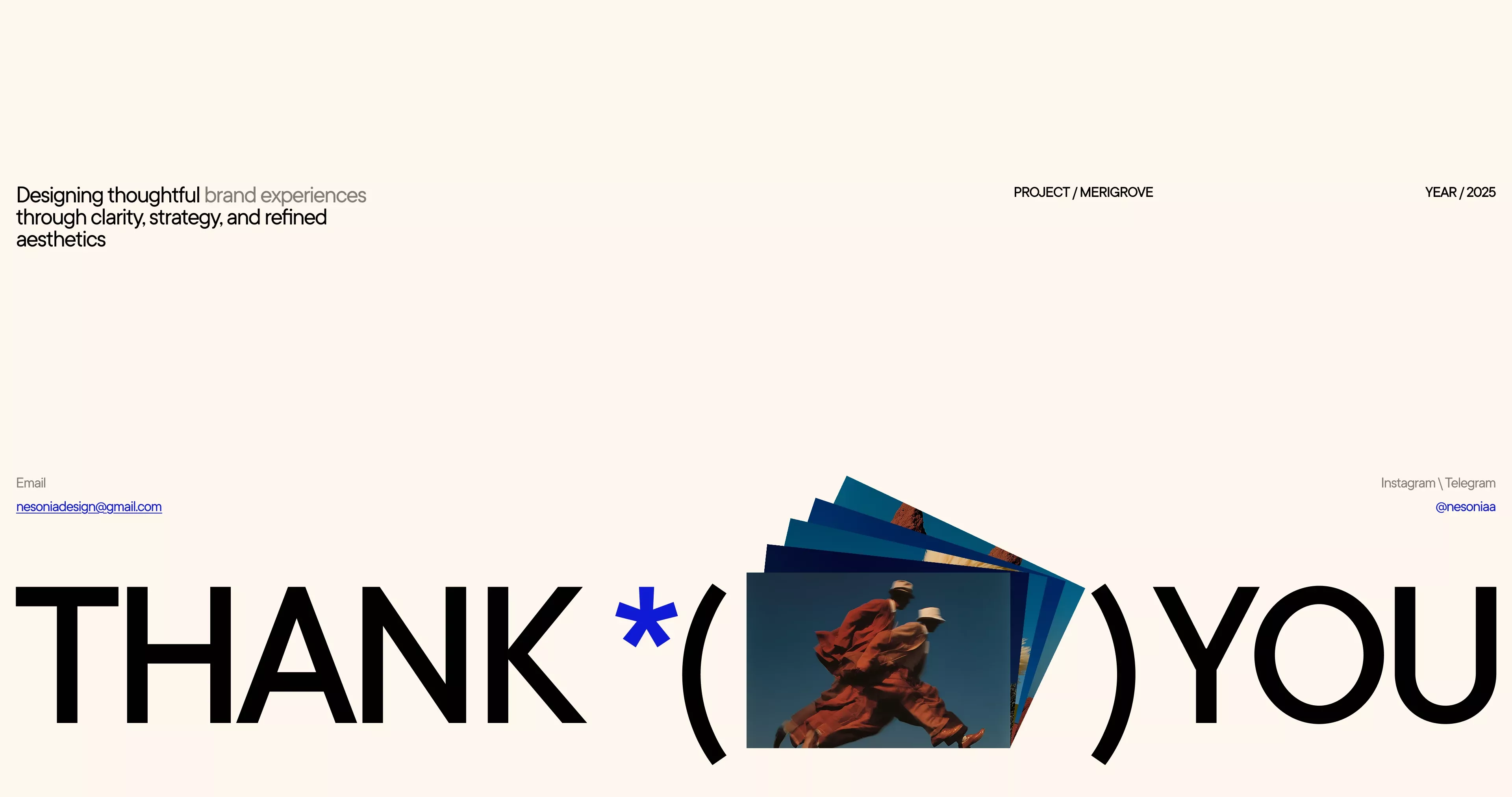 The design is minimalist and clean, utilizing ample white space to emphasize the large, bold typography. The layout is stark, focusing entirely on the thank you message and subtle supporting text.