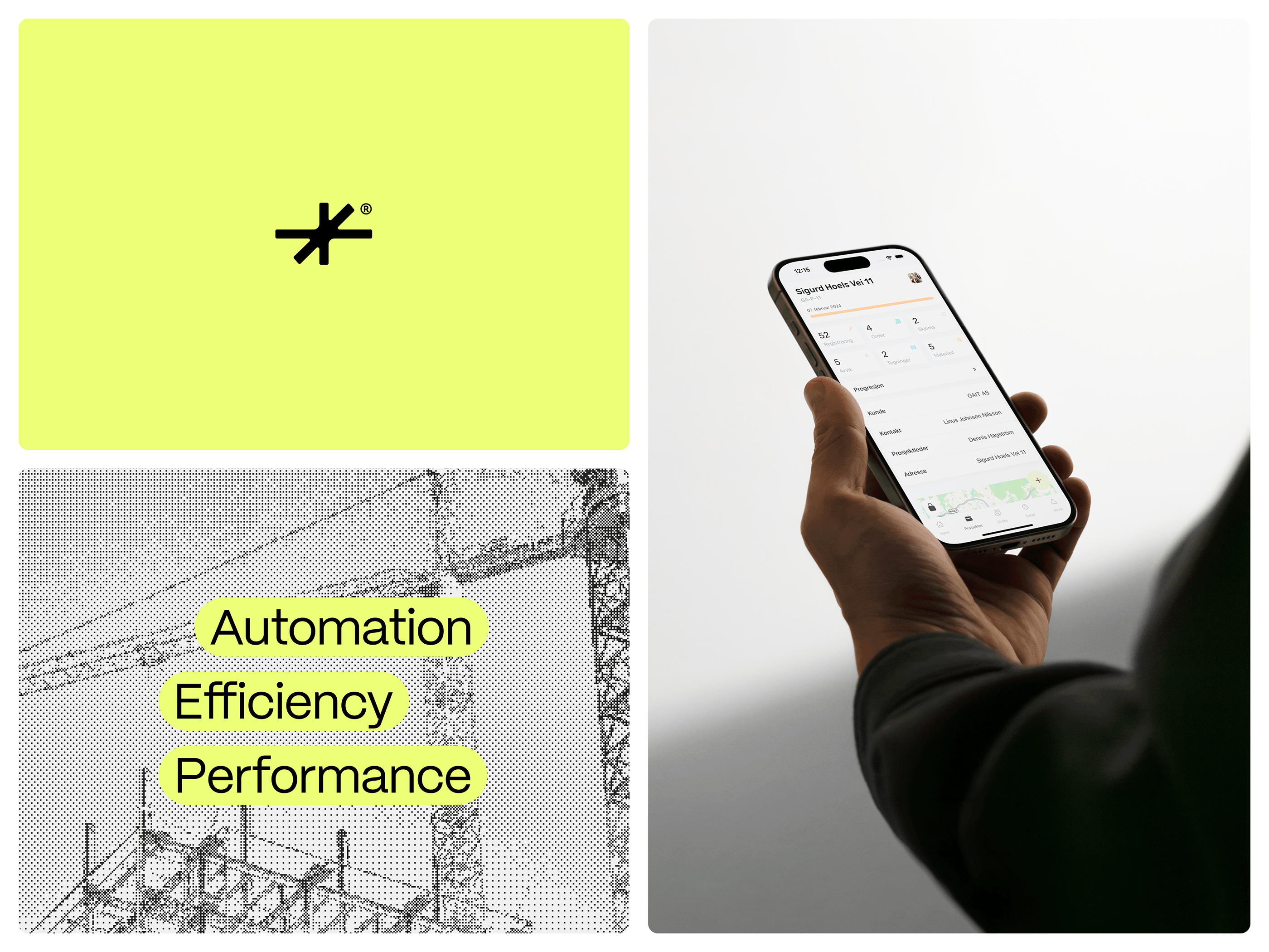 This visual composition effectively juxtaposes abstract concepts (technical schematics and metrics) with modern digital user interfaces, creating a clean, analytical, and high-tech aesthetic. The design uses strong color blocking and clear typography to communicate themes of optimization and performance.