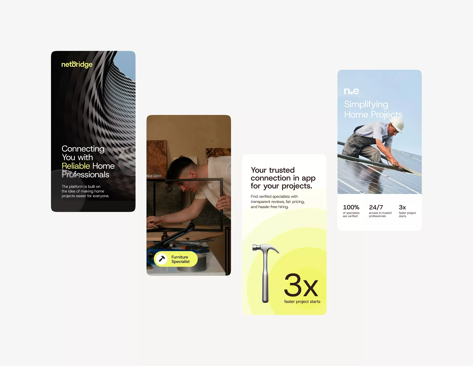 The image presents a clean, modern interface design focused on connecting users with home professionals. It uses dark backgrounds and bright accents to convey professionalism, trust, and efficiency in a service-based industry.