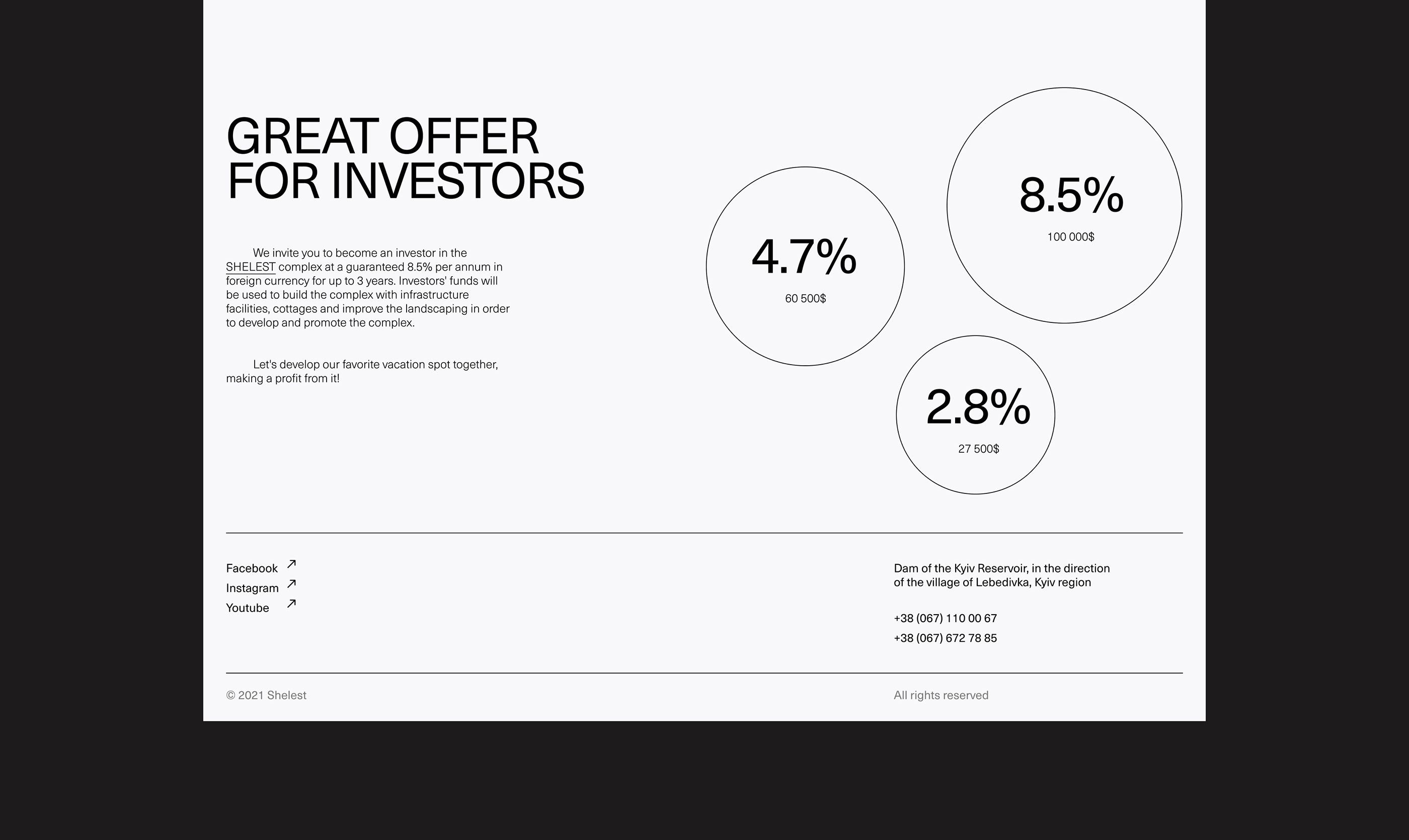 A minimalist financial presentation layout featuring bold typography and data visualization through circular percentage indicators. The design employs a clean, professional aesthetic with ample whitespace and a stark black-and-white color scheme that conveys trust and clarity.