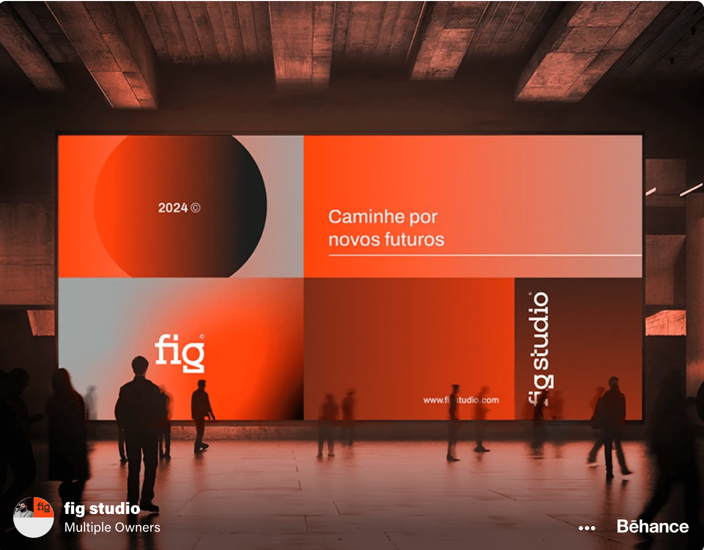 A bold, contemporary exhibition or event space design featuring a vibrant orange and warm color palette with geometric forms and minimalist typography. The installation uses large-scale modular panels and dramatic lighting to create an immersive brand environment that emphasizes modern sophistication and forward-thinking aesthetics.