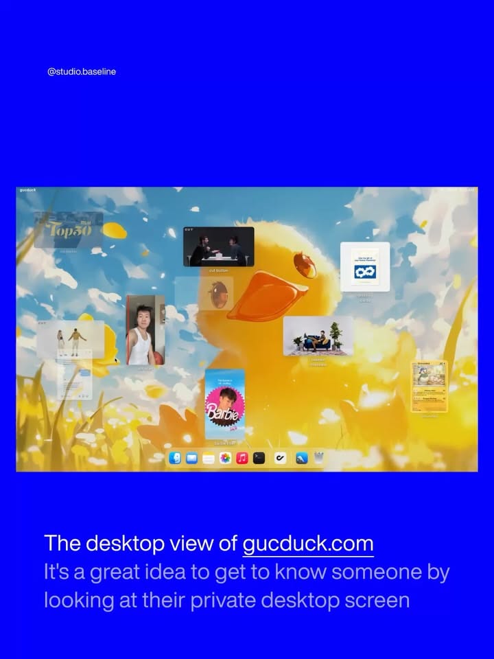 The image presents a desktop view, likely a screenshot or mock-up, characterized by a bright, warm yellow background contrasted with soft blue and white elements. The design feels modern, personal, and slightly playful due to the use of abstract shapes and embedded media previews.