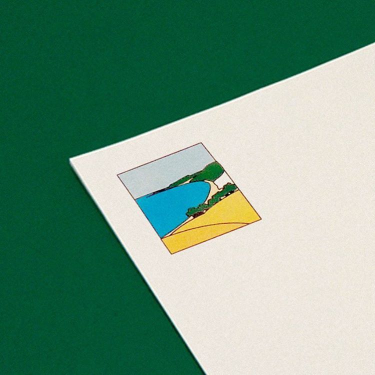 This is a minimalist, abstract representation of a landscape, rendered in flat, geometric shapes. The design uses a limited palette to evoke a serene, natural scene with a modern, graphic quality.