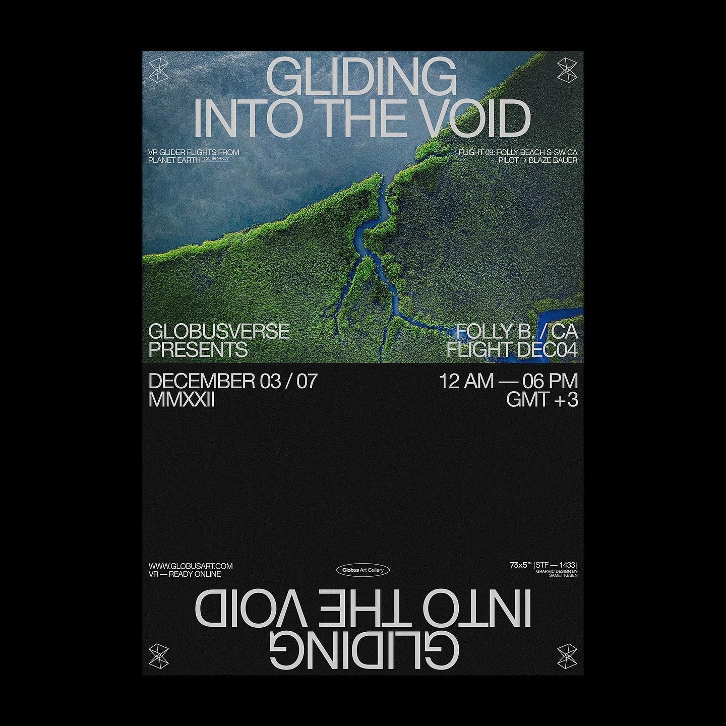 A contemporary event poster featuring an aerial landscape photograph with bold, minimalist typography overlaid in white and lime green. The design balances a striking natural imagery with clean geometric text, creating a modern and sophisticated visual hierarchy that emphasizes the event details.