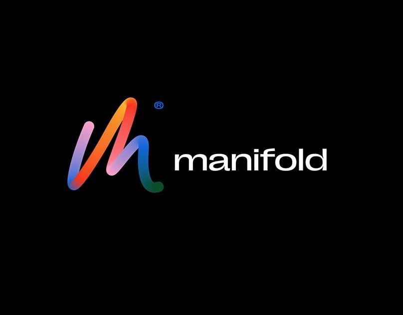 This logo utilizes a fluid, abstract mark rendered in a vibrant color gradient to convey movement and creativity. The design balances the organic flow of the symbol with the clean, modern typography of the word 'manifold', creating a sophisticated and innovative brand identity.