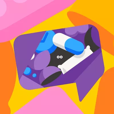 This image features a vibrant, flat design style utilizing bold, contrasting colors and simple geometric shapes to present medical or pharmaceutical iconography. The design is clean, modern, and highly graphic, aiming for immediate recognition.