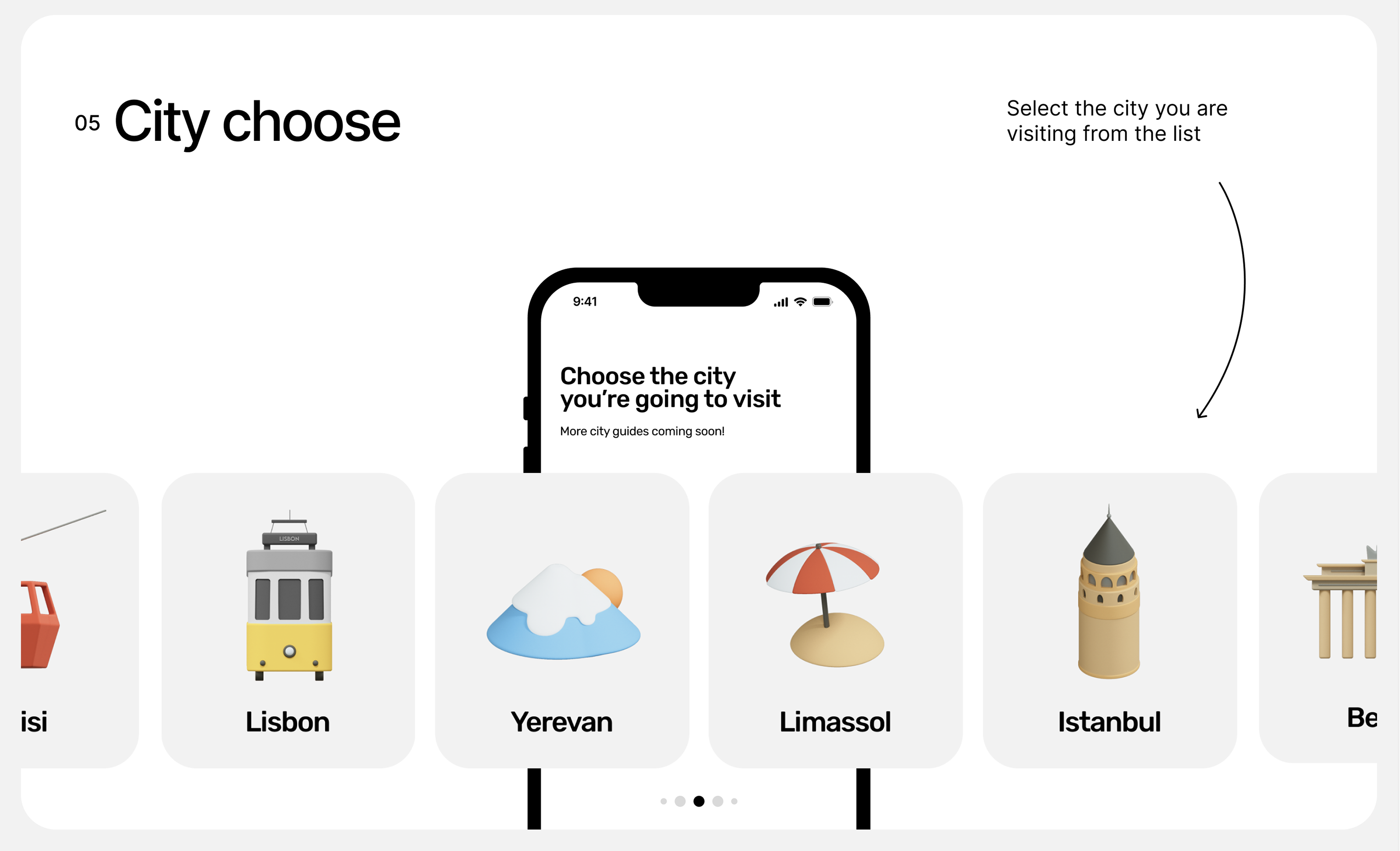 The image presents a clean, minimalist interface for a location selection process, utilizing ample white space and simple iconography to guide the user. The design is modern and functional, focusing entirely on clarity and ease of navigation for choosing a destination.
