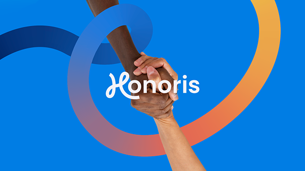 This design uses abstract, flowing shapes and warm colors to evoke a strong sense of connection and unity between the human elements. The visual language is modern and dynamic, focusing on the interplay between organic forms and bold color blocking.