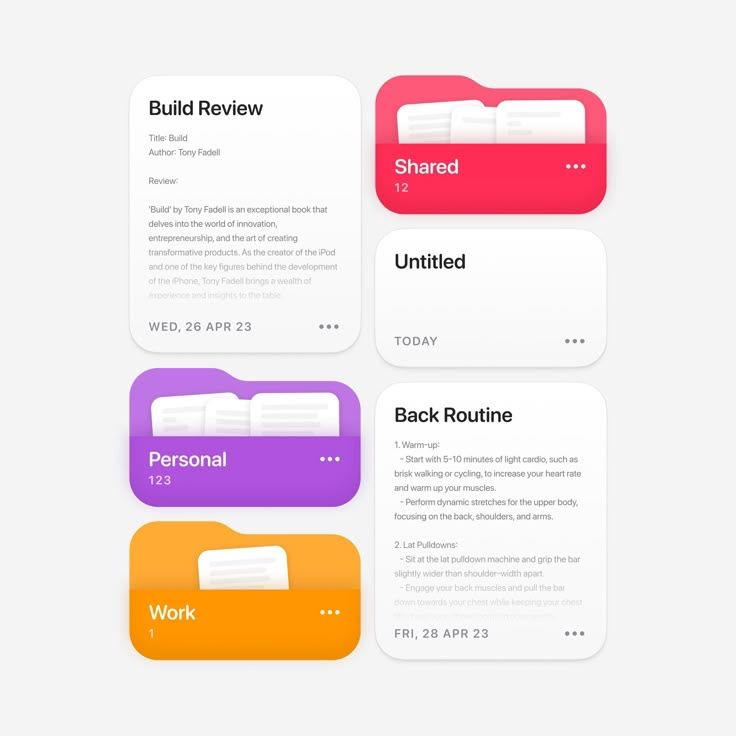 The image displays a clean, modern interface design featuring several distinct cards or tiles, suggesting a productivity or task management application. The design utilizes ample white space and subtle color blocking to separate different features clearly.