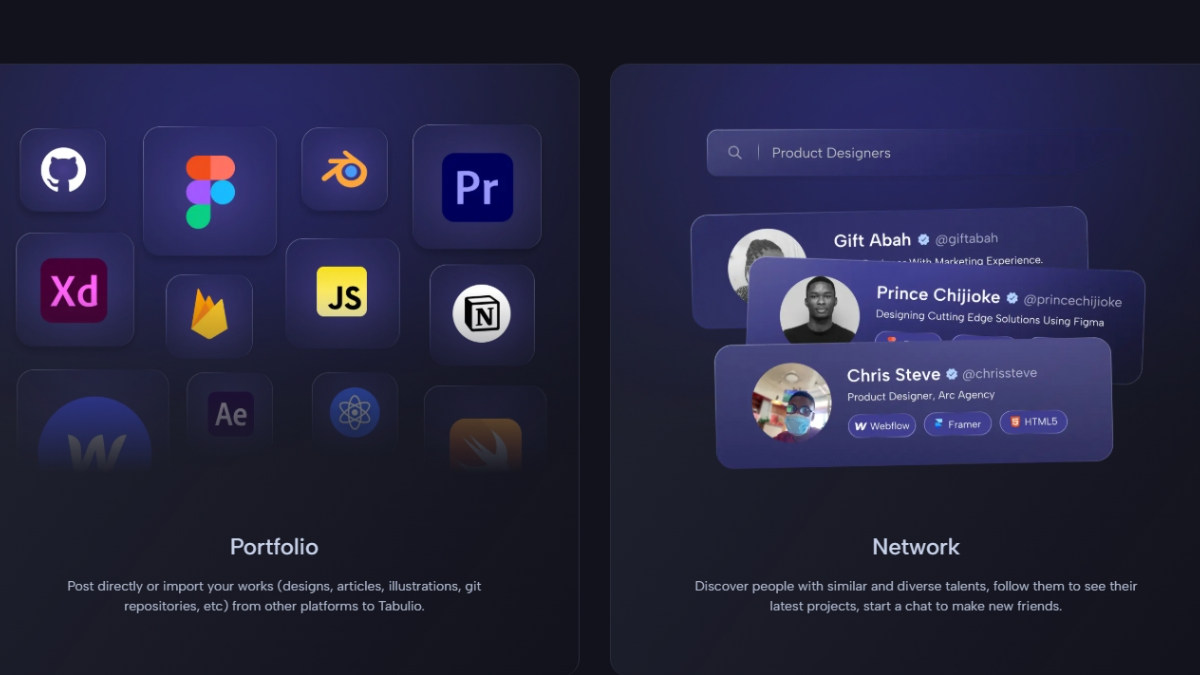 The interface presents a clean, dark-themed portfolio or networking platform with a modern, minimalist aesthetic. It uses distinct, colorful icons against a deep blue background to organize various user profiles and features clearly.