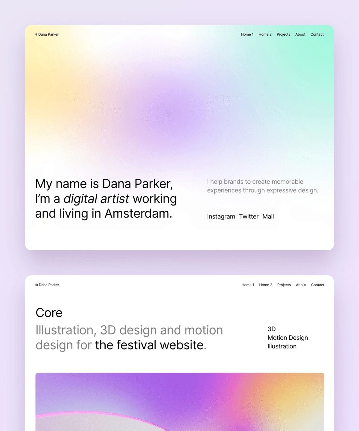 The design features a soft, gradient background with a light, airy feel, suggesting a modern and creative digital portfolio. The layout is clean and minimalist, focusing attention on the introductory text and implied visual work.