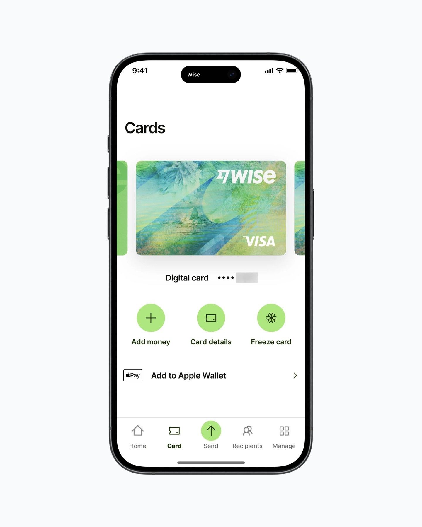 The interface presents a clean, modern mobile banking or digital wallet screen with a focus on clarity and trust. It utilizes ample white space and subtle gradients to create a professional and user-friendly experience.