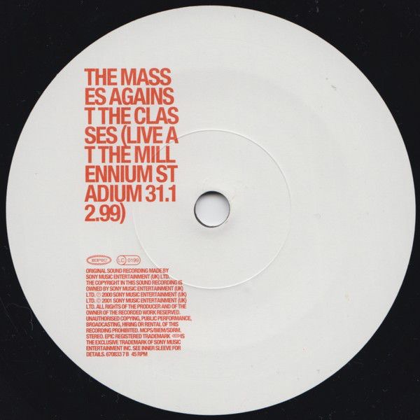 This design utilizes high-contrast typography to present track information on a clean white disc. The visual language is stark and functional, relying on bold red text against the white background to ensure readability and immediate impact.