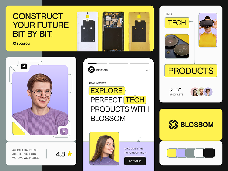 The design is clean, modern, and professional, utilizing a bright yellow accent against a dark background to create high contrast. It employs a card-based layout with clear iconography and strong typography to guide the user through product categories.