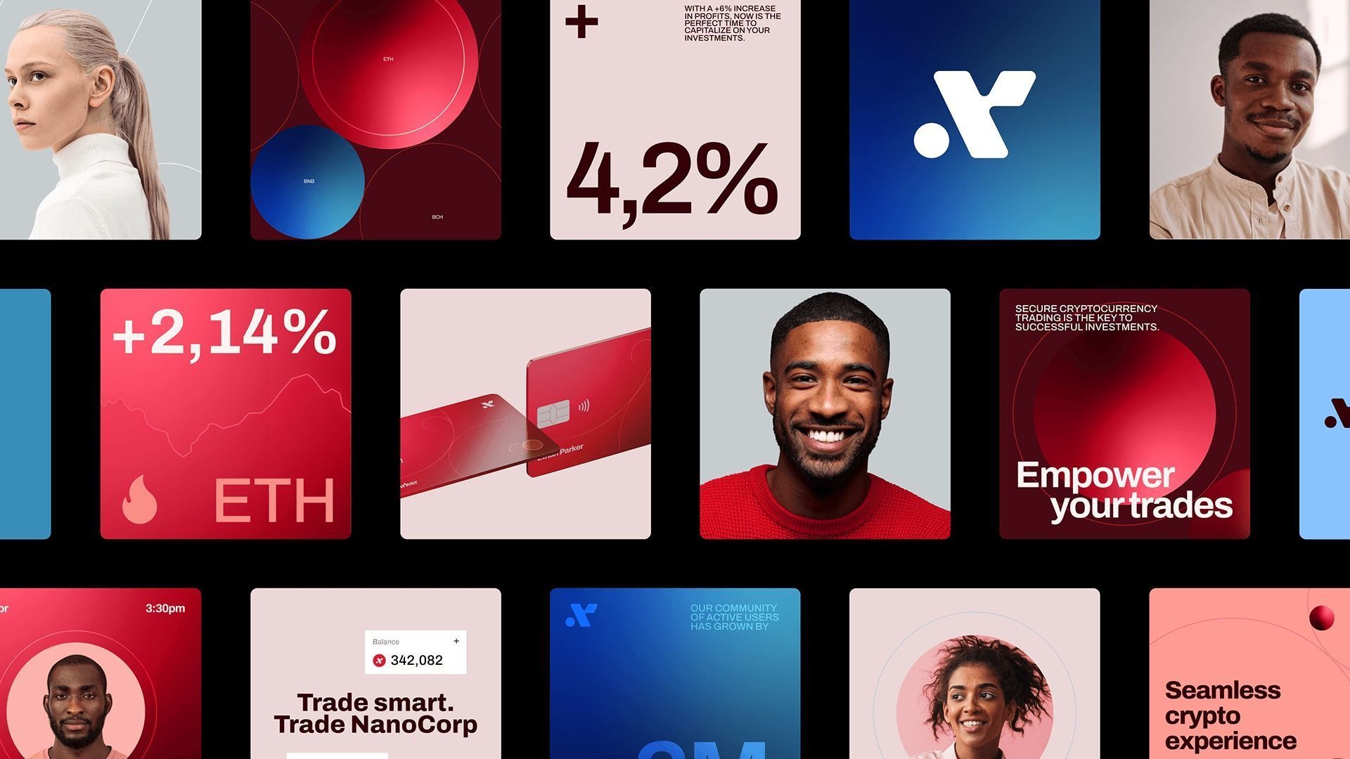 This set of assets utilizes a modern, high-contrast design centered around data visualization and professional portraits to convey trust and growth. The visual language relies heavily on clean lines, bold typography, and a limited palette to emphasize key metrics like percentage gains and cryptocurrency performance.