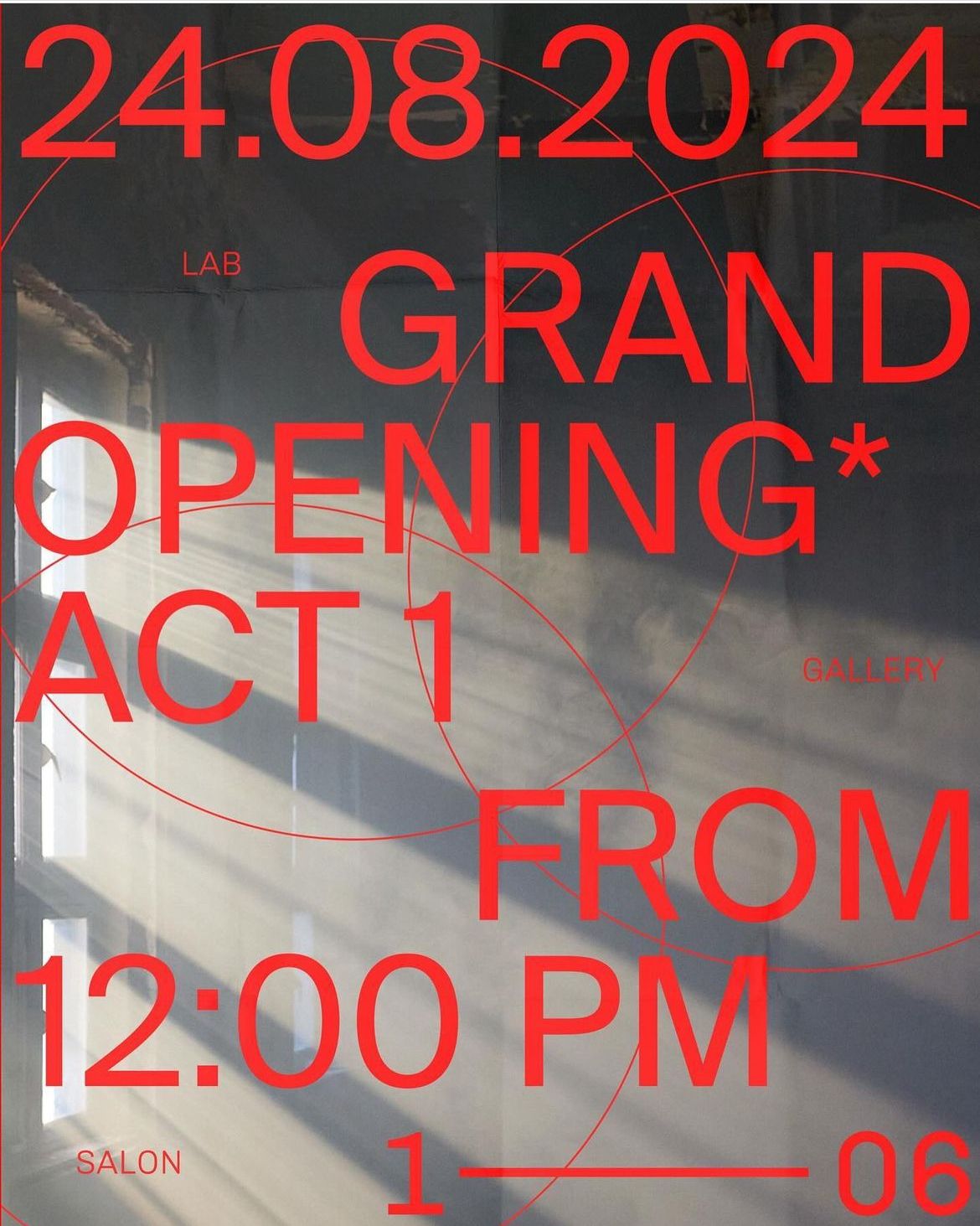 A contemporary event poster featuring bold red typography overlaid on a moody, atmospheric photographic background. The design employs a stark contrast between vibrant red text and dark, shadowy imagery to create visual impact and urgency. Geometric line elements and fragmented layout reinforce a modern, avant-garde aesthetic.