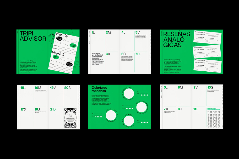 The image displays a grid of mockups or templates, likely for a digital product or application, characterized by a clean, modern, and highly organized layout. The consistent use of a vibrant green against a white background establishes a professional and fresh visual language suitable for informational or planning tools.