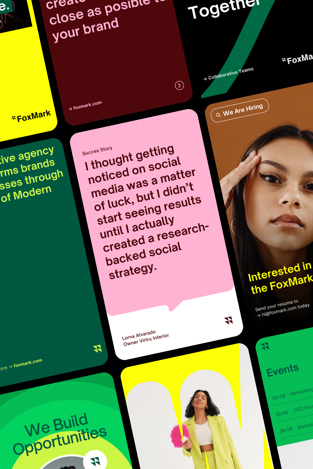 The image is a collage of various card-like UI elements, suggesting a portfolio or service showcase. It uses a dark mode aesthetic with vibrant accent colors against a predominantly black/dark background, creating a modern and professional feel.