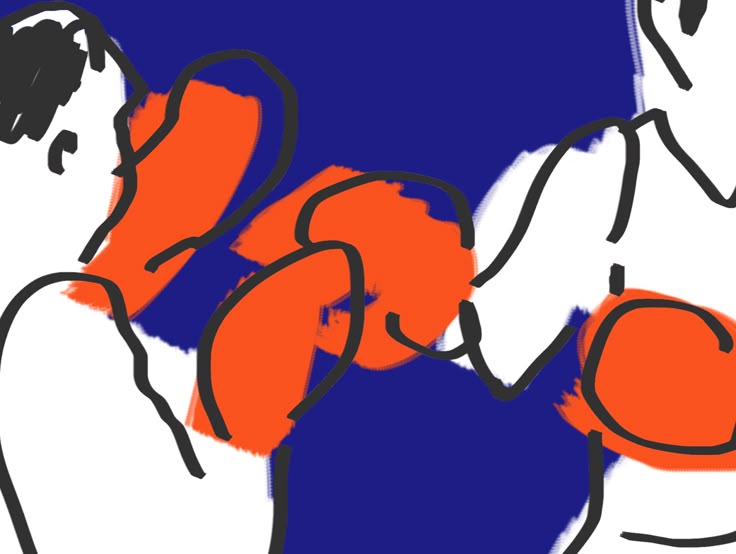 This abstract piece features bold, gestural marks and overlapping shapes against a deep blue background. The visual language is dynamic and expressive, relying on thick, hand-drawn lines and solid color blocks to create texture and movement.