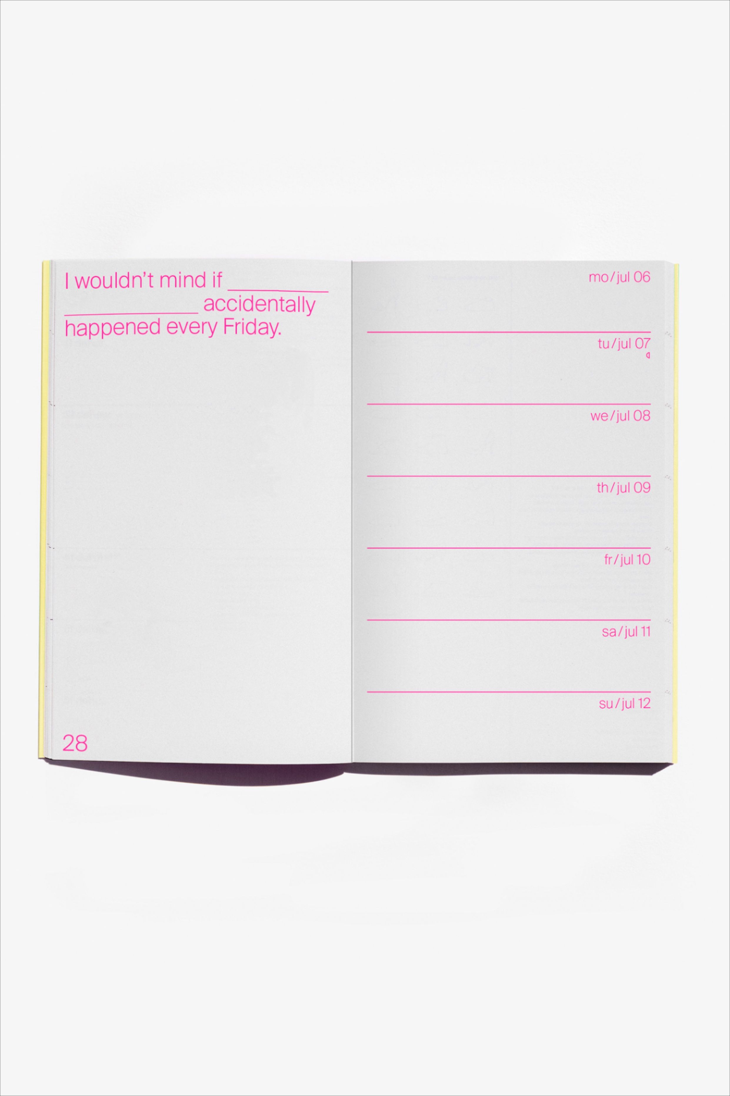 This design features a clean, functional layout typical of a planner or diary, utilizing vertical pink lines to structure temporal information against a stark white background. The visual language emphasizes clarity and organization, creating a minimalist yet highly structured feel.