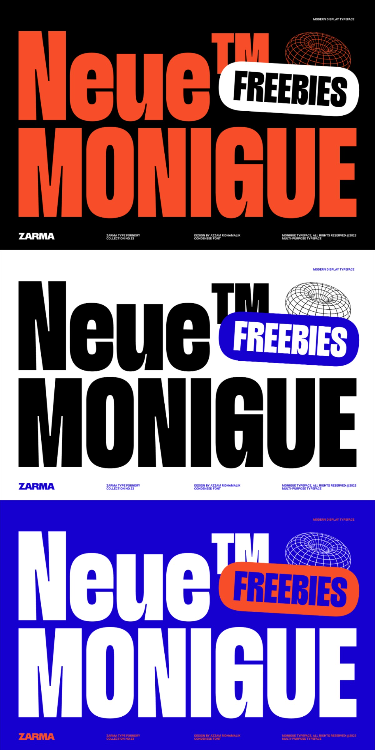 The image presents a bold, high-contrast typographic design focused on promoting 'TM Freebies' for a person named Monique. It utilizes strong, blocky text and vibrant color blocking to create an immediate, attention-grabbing visual impact suitable for promotional material.