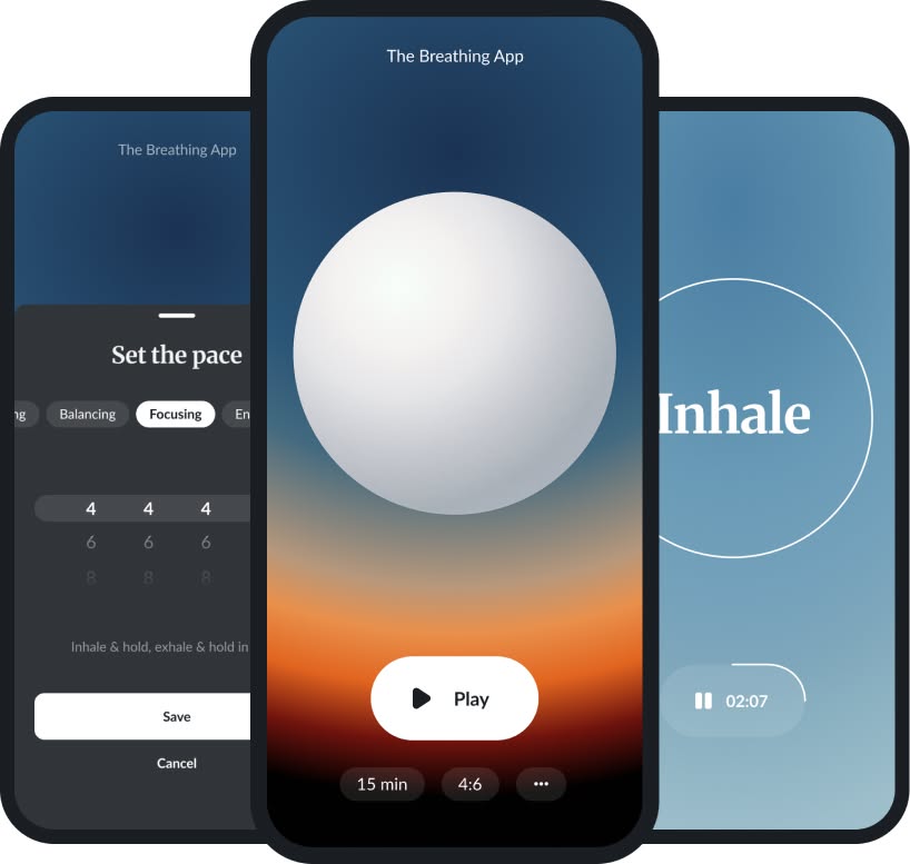 This design employs a dark mode aesthetic with smooth, subtle gradients to create a calming and immersive experience. The visual language is minimalist and highly functional, prioritizing clarity for guided meditation or breathing exercises. The overall feel is sophisticated, tranquil, and focused.