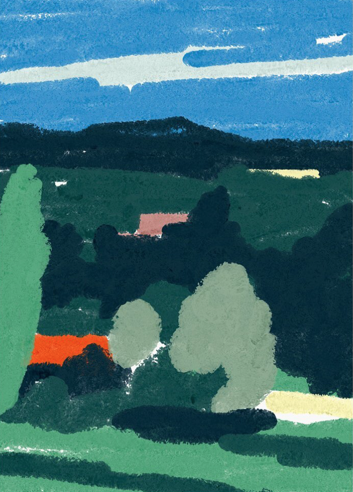 This is a highly stylized landscape characterized by bold, expressive brushstrokes and flat planes of color. The visual language relies on simplified shapes to evoke a natural, open environment with a strong sense of depth.