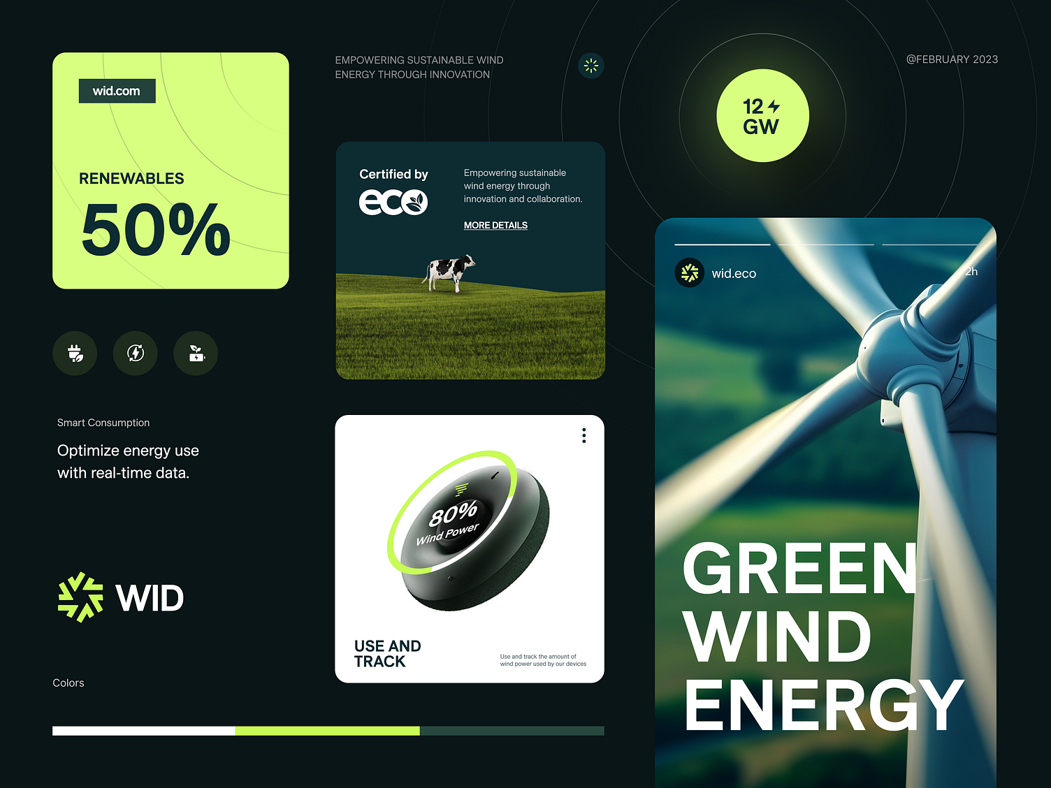 The design utilizes a clean, modern, and professional aesthetic with a dark background contrasted by bright, vibrant greens and white elements. It effectively communicates renewable energy concepts through clear iconography and bold typography.