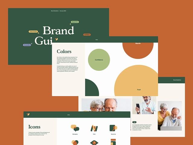 This design showcases a clean, modern approach to brand guidelines using soft geometric shapes and a muted, earthy color palette. The visual language is highly organized, emphasizing clarity, hierarchy, and professional trust through ample negative space.