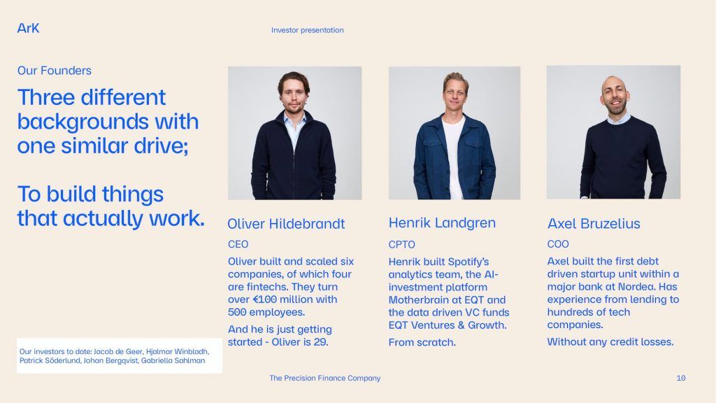 The design is clean, professional, and minimalist, utilizing a light background with high-contrast photography to present founder profiles. The layout is balanced and structured, emphasizing clarity and corporate credibility.