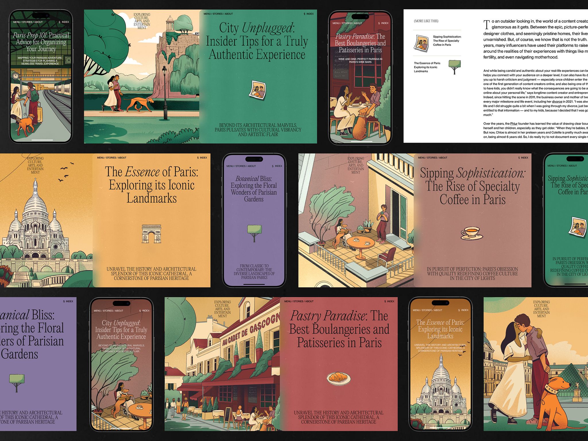 The image displays a cohesive set of book covers or promotional materials, characterized by a naturalistic and slightly vintage aesthetic. The design heavily utilizes muted greens, earthy tones, and detailed illustrations to evoke a sense of heritage, travel, and organic beauty.