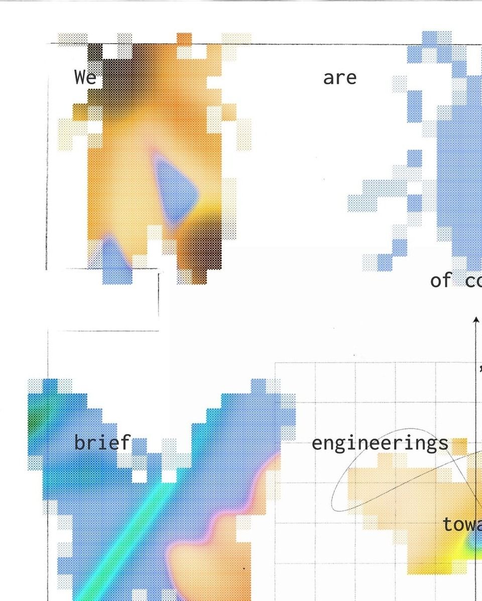 The image presents a fragmented, abstract visual study using pixelation and color gradients to explore concepts. It combines organic shapes with sharp, digital boundaries, suggesting a data visualization or abstract artistic exploration.
