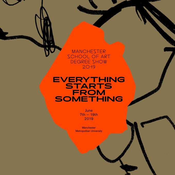 The design utilizes a high-contrast, distressed aesthetic with an organic, hand-drawn line quality overlaid on a muted, earthy background. The vibrant orange shape serves as a strong focal point against the dark, sketchy lines, creating a dynamic and slightly raw visual tension.