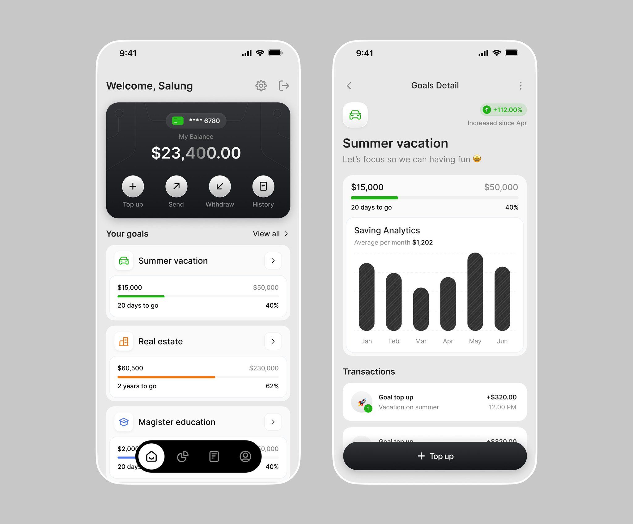 The interface presents a clean, modern mobile banking or financial goals application with a light background and high contrast elements. The design emphasizes clarity, organization, and a professional, trustworthy feel through ample white space and subtle use of green for positive indicators.