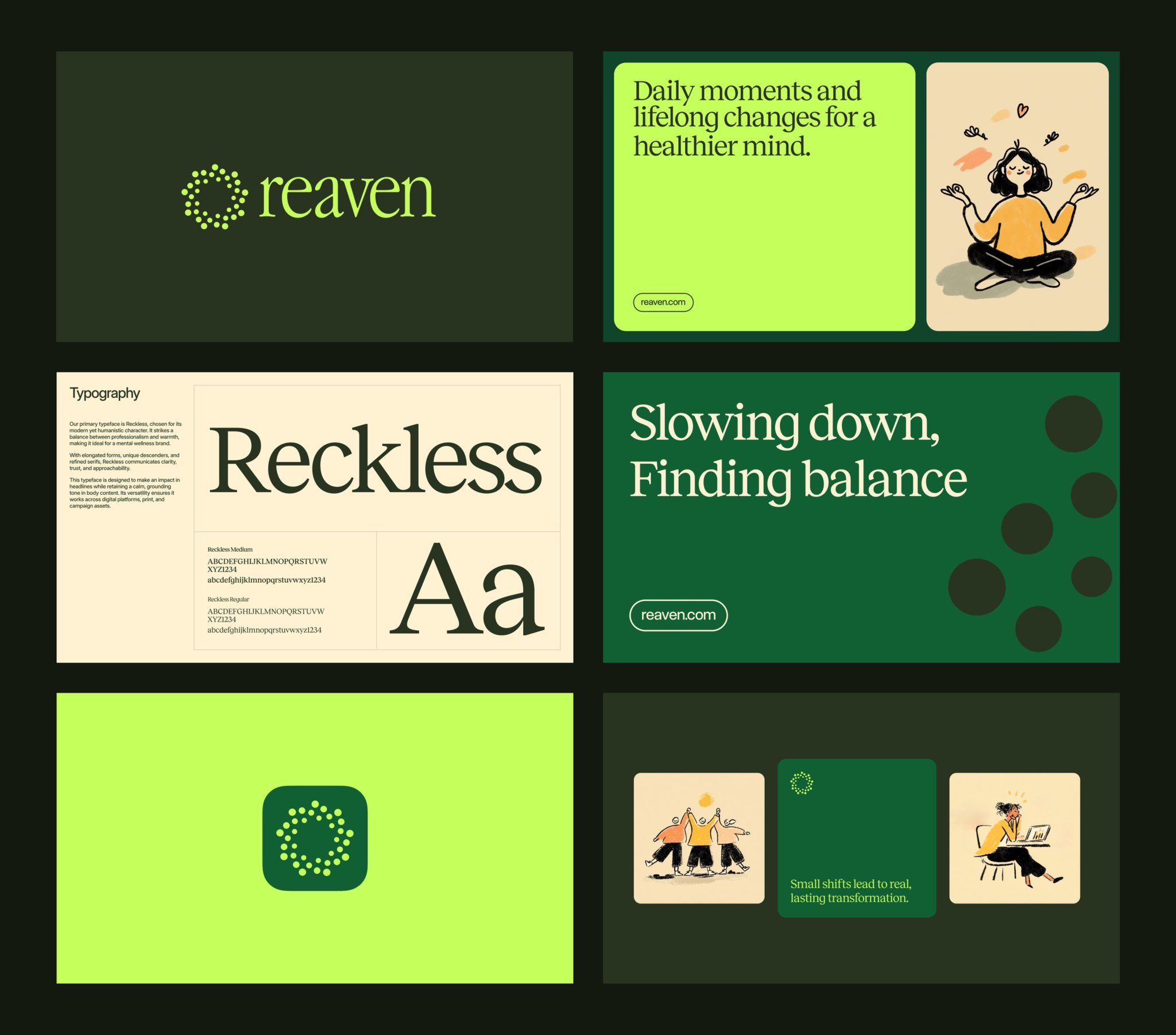 The design employs a clean, minimalist aesthetic with a muted, earthy color palette dominated by deep greens and olive tones. The visual language is sophisticated and calm, utilizing ample negative space to create a sense of tranquility and professionalism.