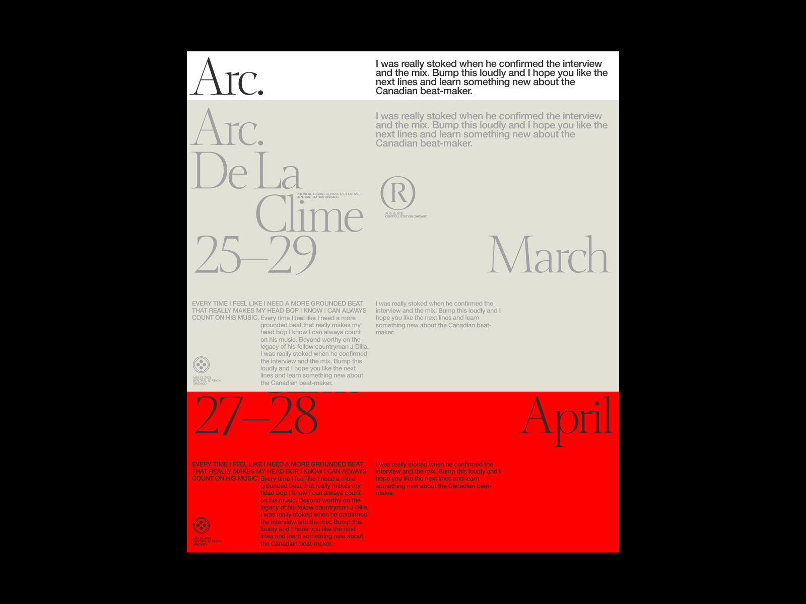 This design utilizes strong typographic hierarchy and severe minimalism, relying on stark contrast between black text and white space to create a highly structured and academic feel. The clean lines and segregated sections guide the viewer through the information efficiently, resulting in a sophisticated and serious visual presentation.