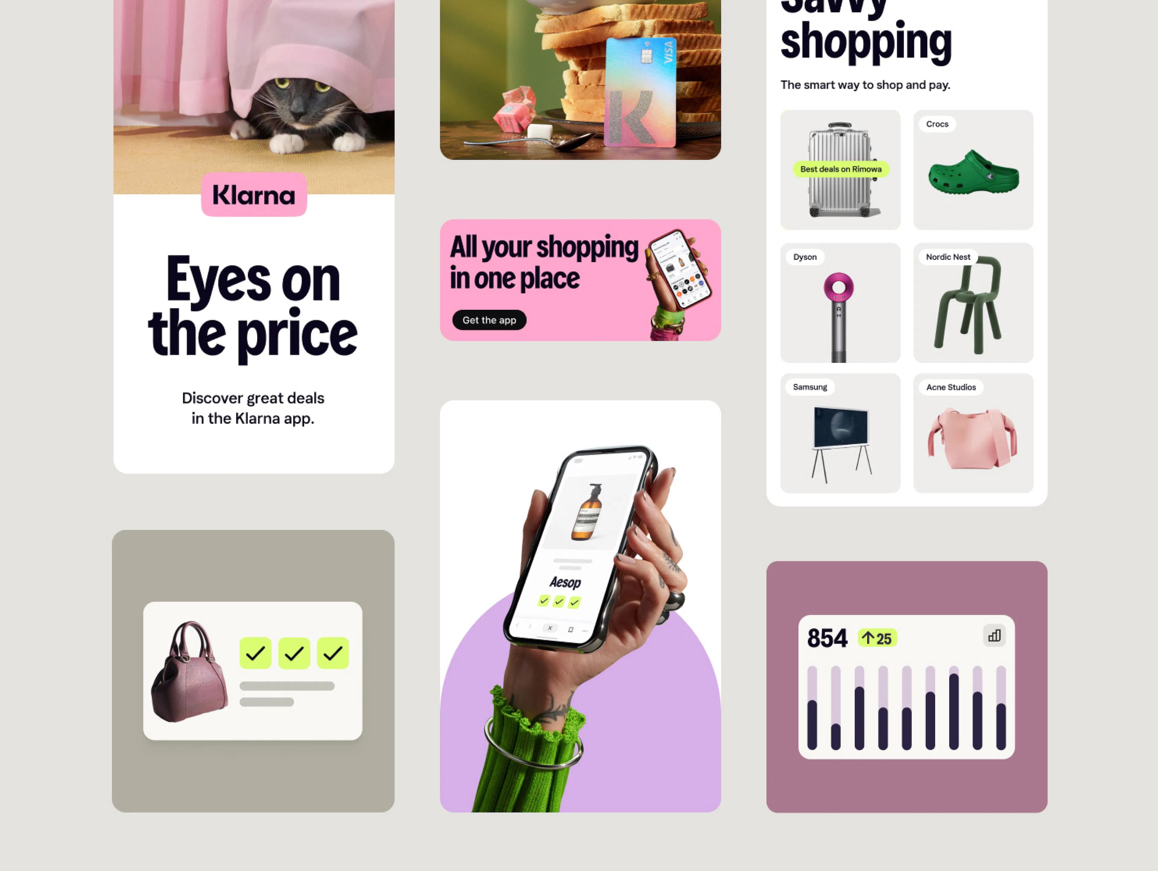 This visual collage showcases a modern, clean interface design blending branded elements, product mockups, and data visualization. The design utilizes a modular grid structure to present diverse information clearly, emphasizing functionality and trust.