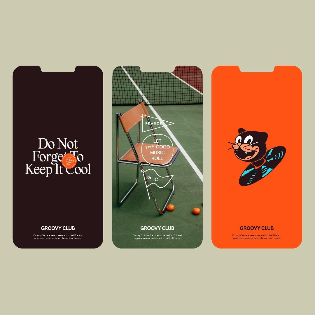 The image presents a cohesive set of three vertical cards with a dark, earthy color palette contrasted by vibrant orange and natural greens. The design employs clean lines and minimalist graphic elements, suggesting a modern, perhaps slightly edgy or club-related brand identity.
