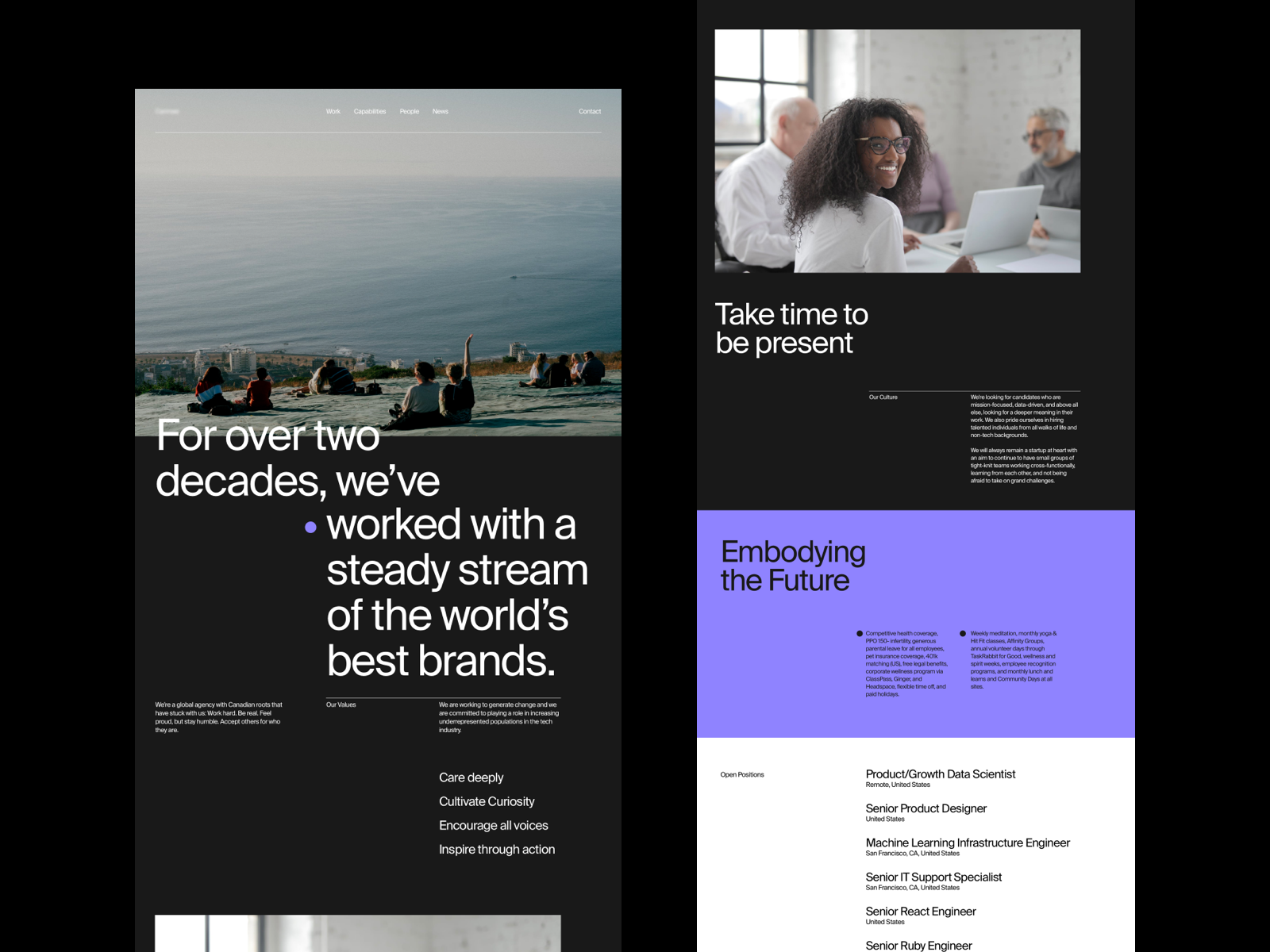 The design is clean, minimalist, and professional, utilizing ample white space and a muted, cool color palette to convey trust and stability. The layout is structured with clear sections, balancing large photographic elements with concise text blocks.