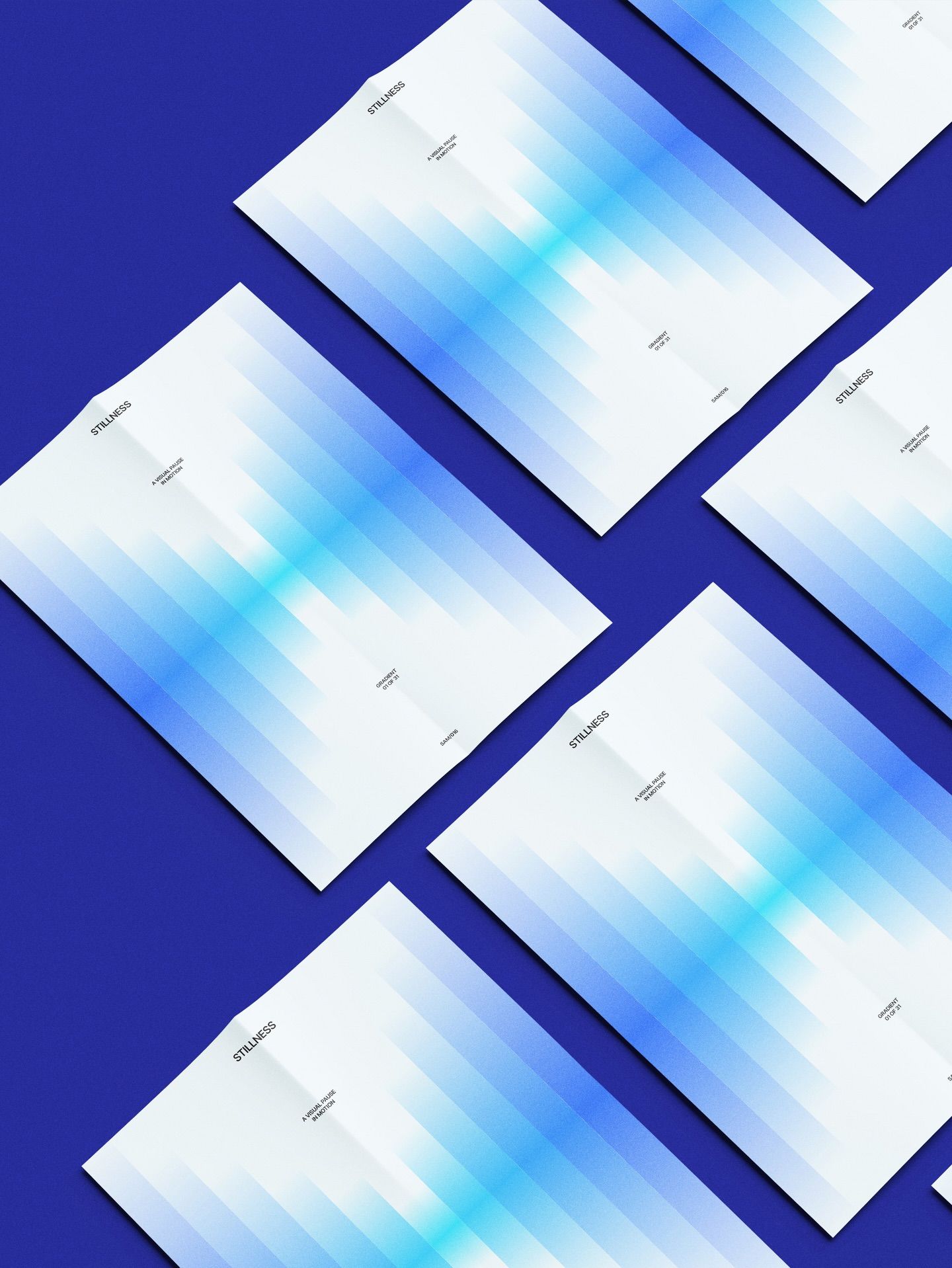 A modern, minimalist design mockup featuring white cards arranged diagonally against a deep blue background, each displaying a gradient blue wave or data visualization pattern. The composition demonstrates a clean, professional aesthetic with subtle typography and a strong emphasis on geometric arrangement and color harmony.