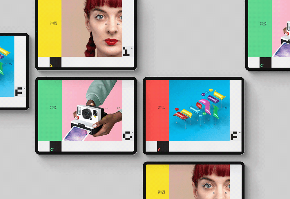 This image displays a grid of digital screens or mockups, suggesting a focus on mobile or display technology design. The visual language is clean, modern, and utilizes bold color blocking against neutral backgrounds to showcase different interface states or content.