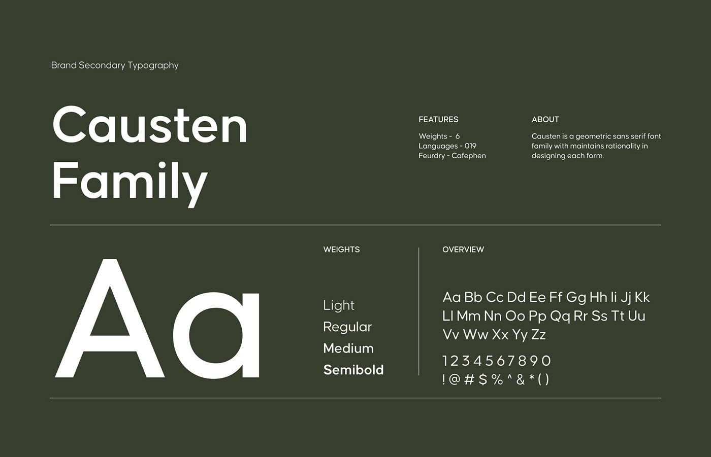 This is a clean, minimalist presentation focused entirely on displaying a typeface family. The design utilizes high contrast between dark gray and white to emphasize the geometric structure and readability of the font weights.