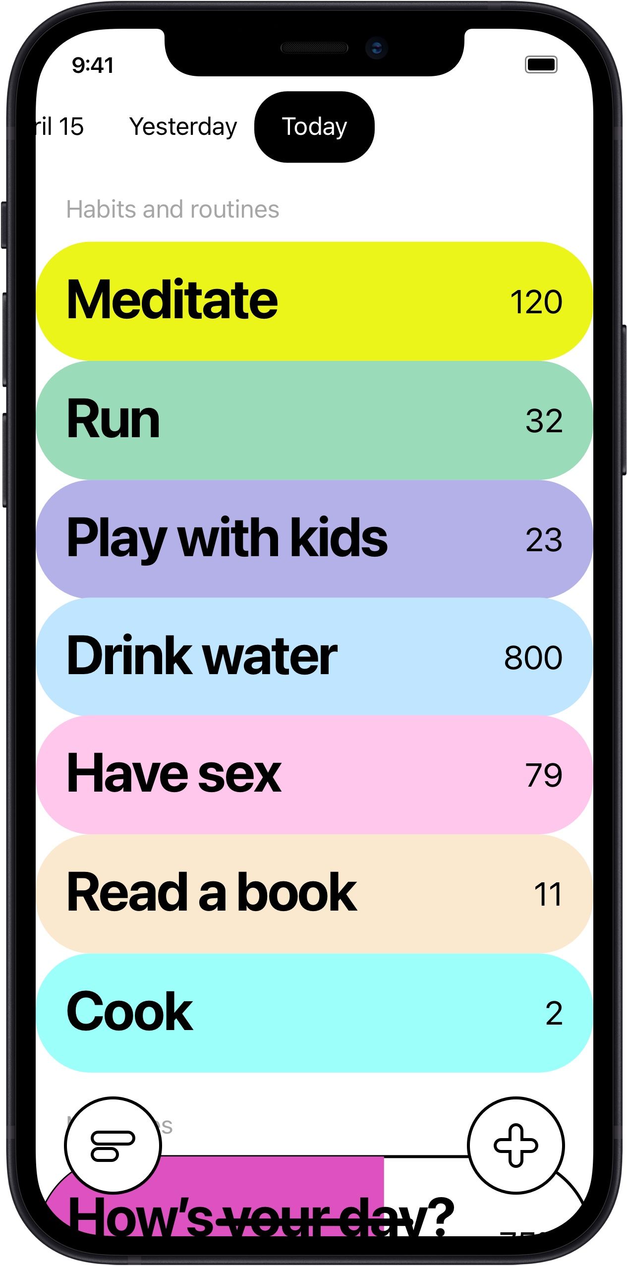This design features a highly functional mobile user interface utilizing a vertically stacked card layout to track daily habits. The visual language is clean and modern, employing distinct pastel colors to segment different activities, making the data highly accessible and easy to scan. The overall feel is structured, positive, and encouraging for health monitoring.