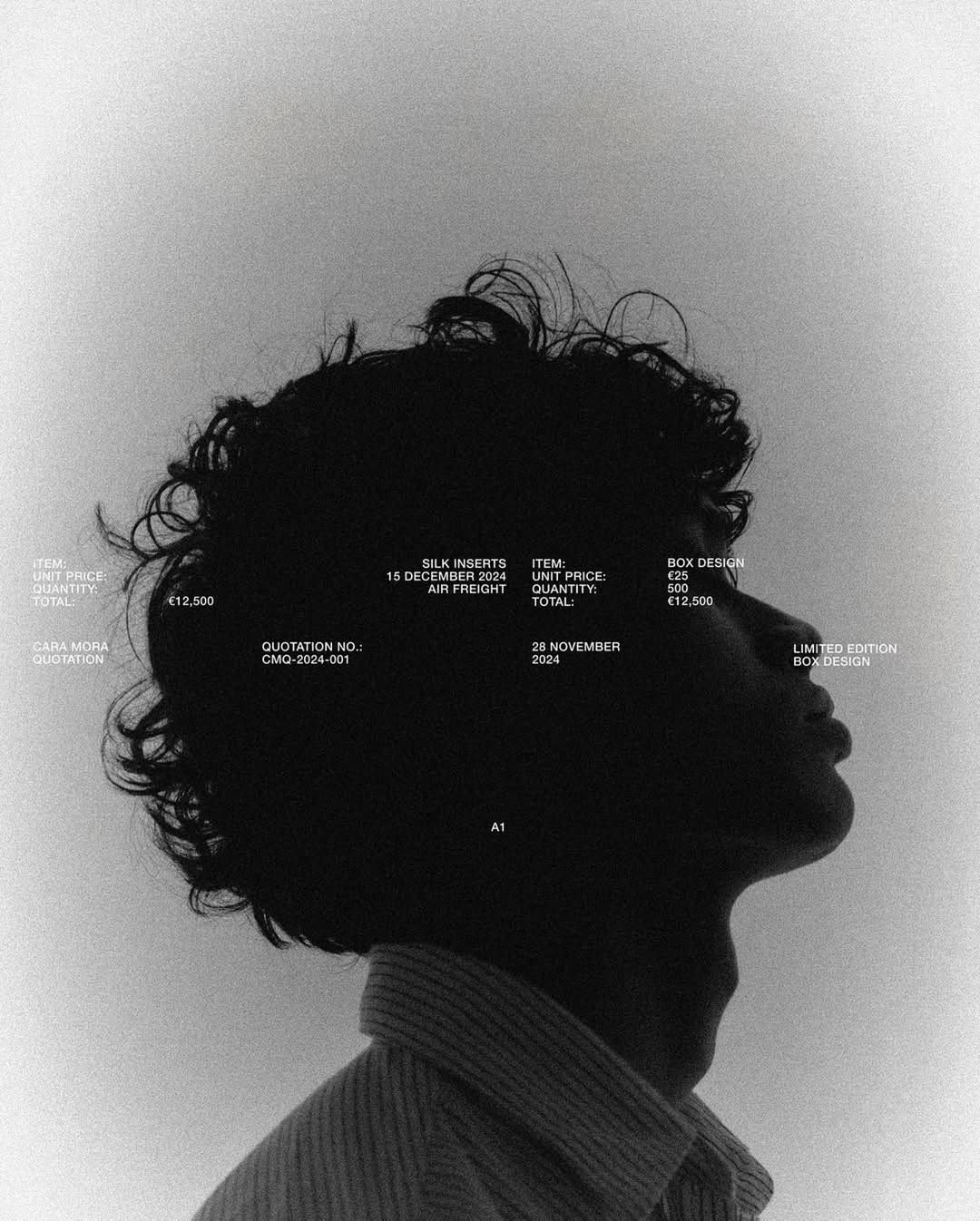 This image utilizes dramatic high contrast through a stark silhouette, focusing attention on the form of the head and the overlaid technical text. The visual language is minimalist and deeply atmospheric, creating a sense of introspection and conceptual depth.