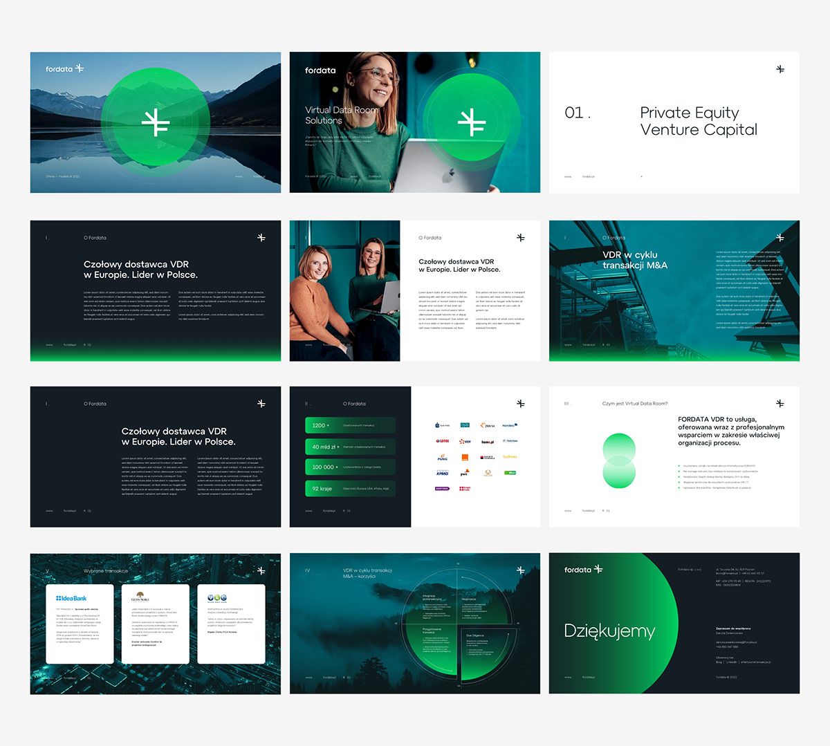 The design exhibits a clean, modern, and professional aesthetic, utilizing a dark background contrasted with vibrant, luminous green accents. The layout is structured using card-based or sectioned presentations typical of corporate or fintech web interfaces, conveying trust and forward-thinking innovation.